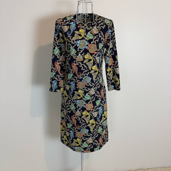 J. MCLAUGHLIN FISH NOVELTY PRINT CATALINA CLOTH DRESS BODYCON SZ XS 3/4 SLEEVE - Picture 1 of 9